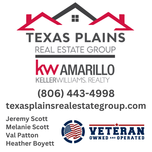 Logo for Texas Plains Real Estate Group, Keller Williams Amarillo, with contact info and a Veteran Owned business badge.