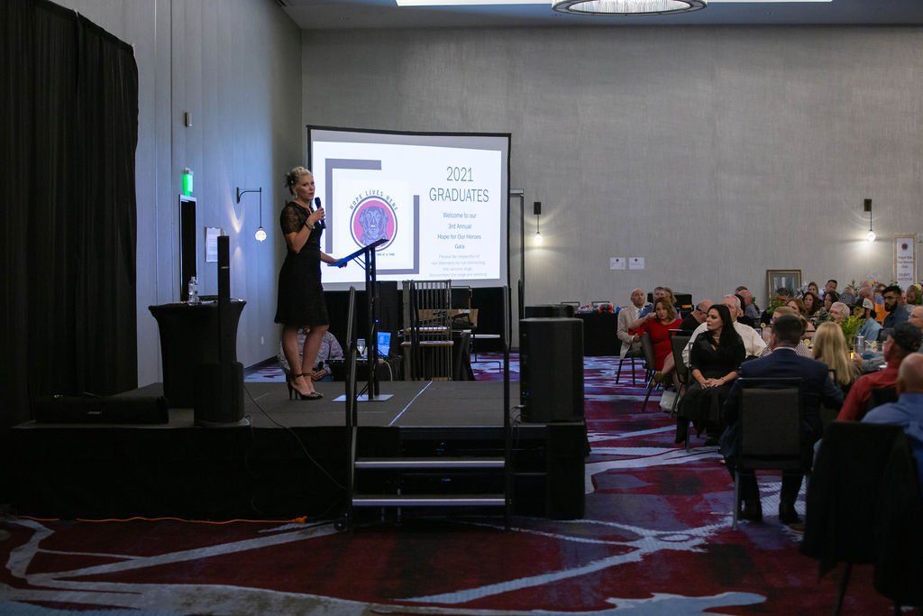 A speaker at a podium presents to an audience in a large, dimly lit banquet hall with a patterned carpet.