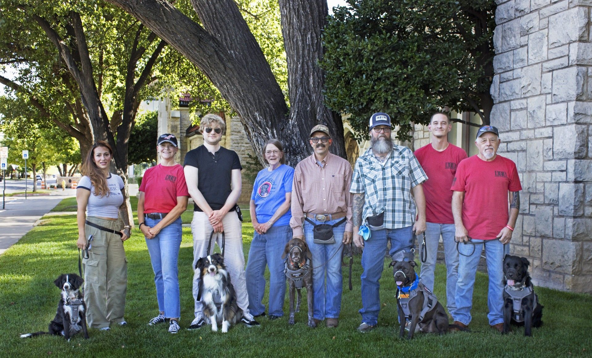 A collage of eight individuals standing outdoors on a lawn, each accompanied by their dog wearing a service harness.