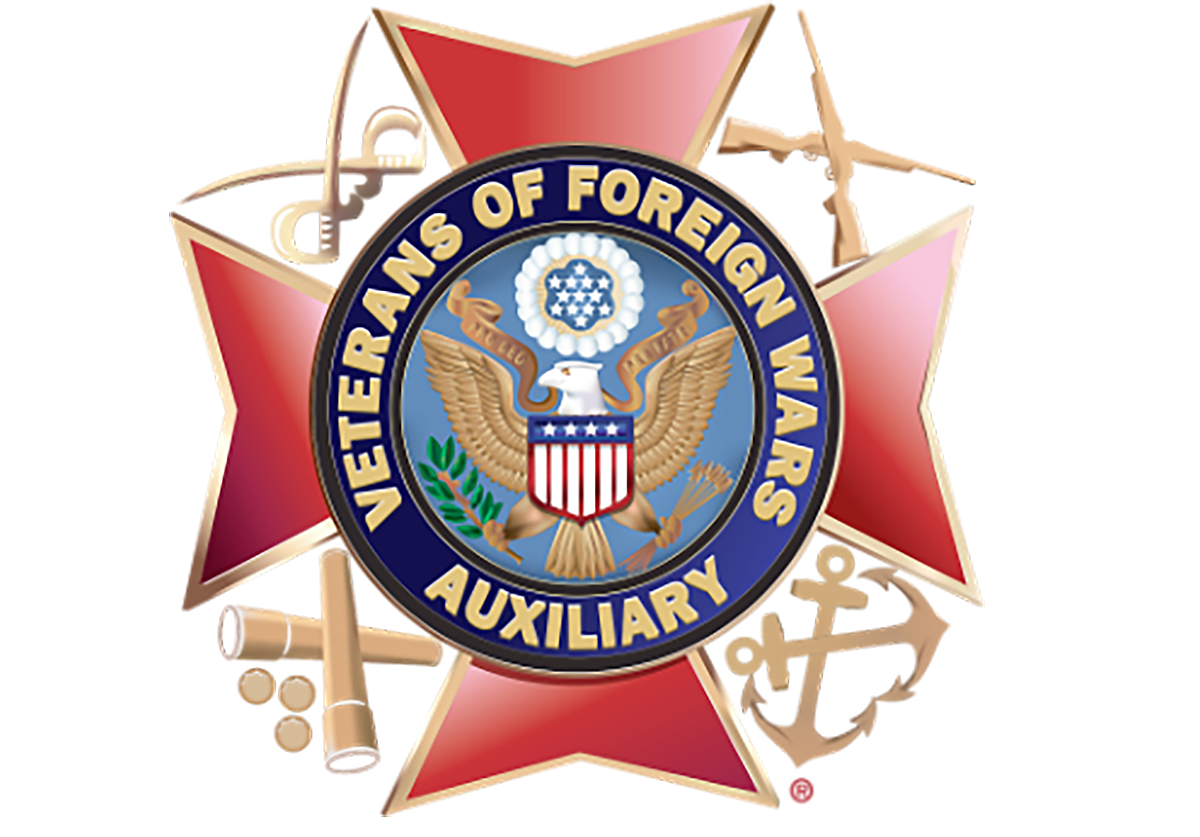 Logo of the Veterans of Foreign Wars Auxiliary featuring an eagle, shield, and military symbols on a red cross background.