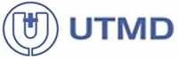 Logo for UTMD. A blue cross inside a blue U inside a circle, with 
