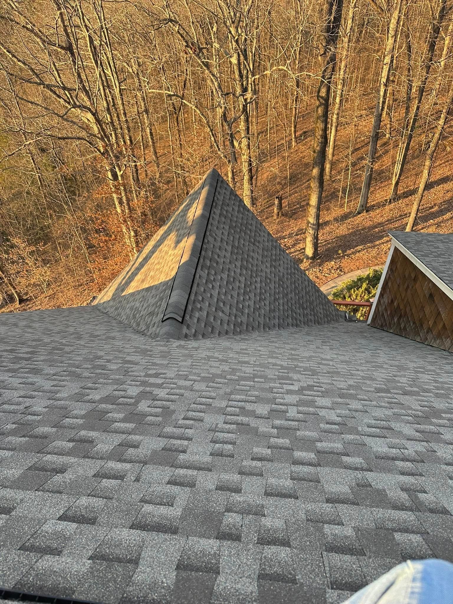 View of a gray asphalt shingle roof with a pyramid-shaped feature. Trees in the background.