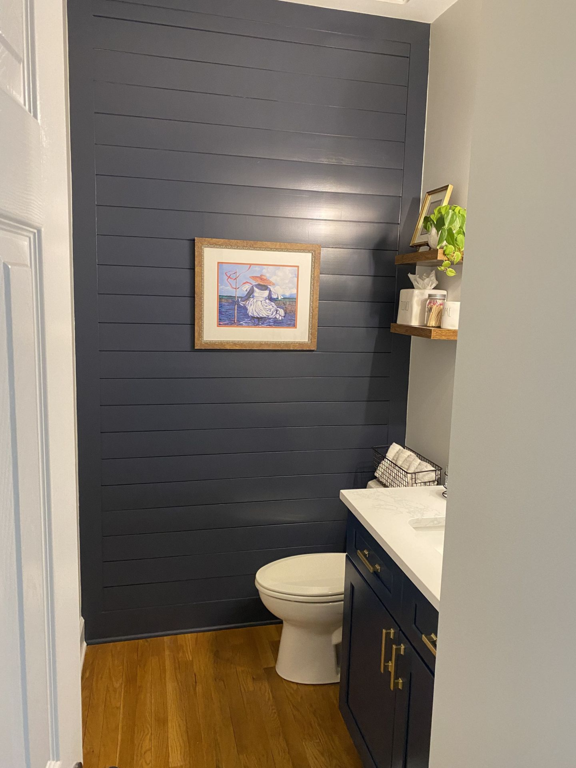 Navy blue shiplap accent wall in a small bathroom with a toilet, artwork, and vanity.