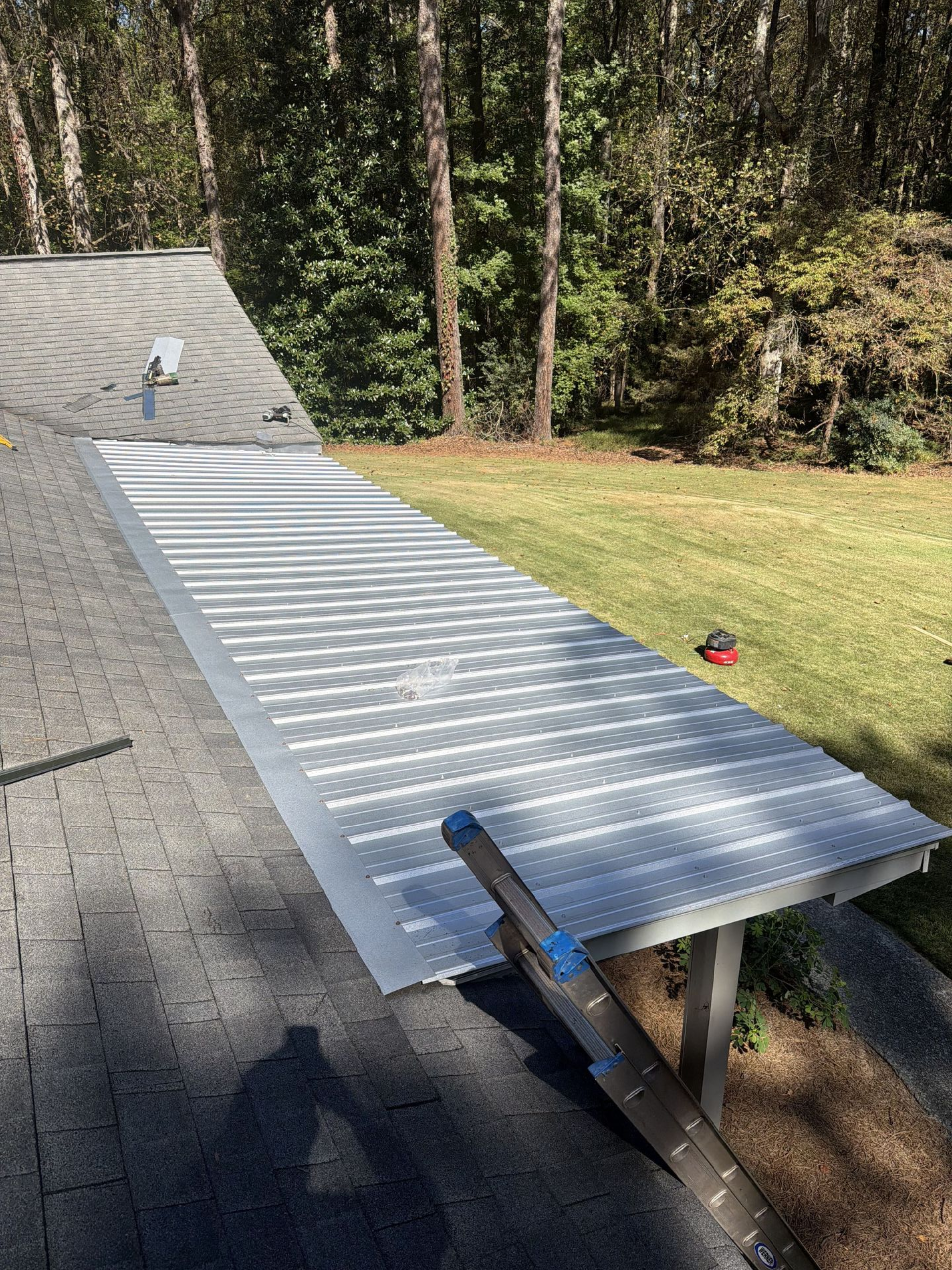 Solar panels on a shingled roof, angled toward a yard with trees. A ladder rests against the panels.