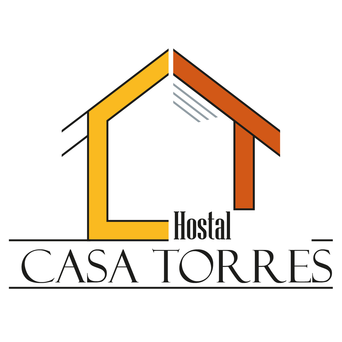 Logotipo del Hostal Casa Torres, que presenta la silueta de una casa con los textos