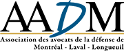 Logo of the Association des avocats de la défense de Montréal-Laval-Longueuil: Black letters AADM with a blue D and gold line below.
