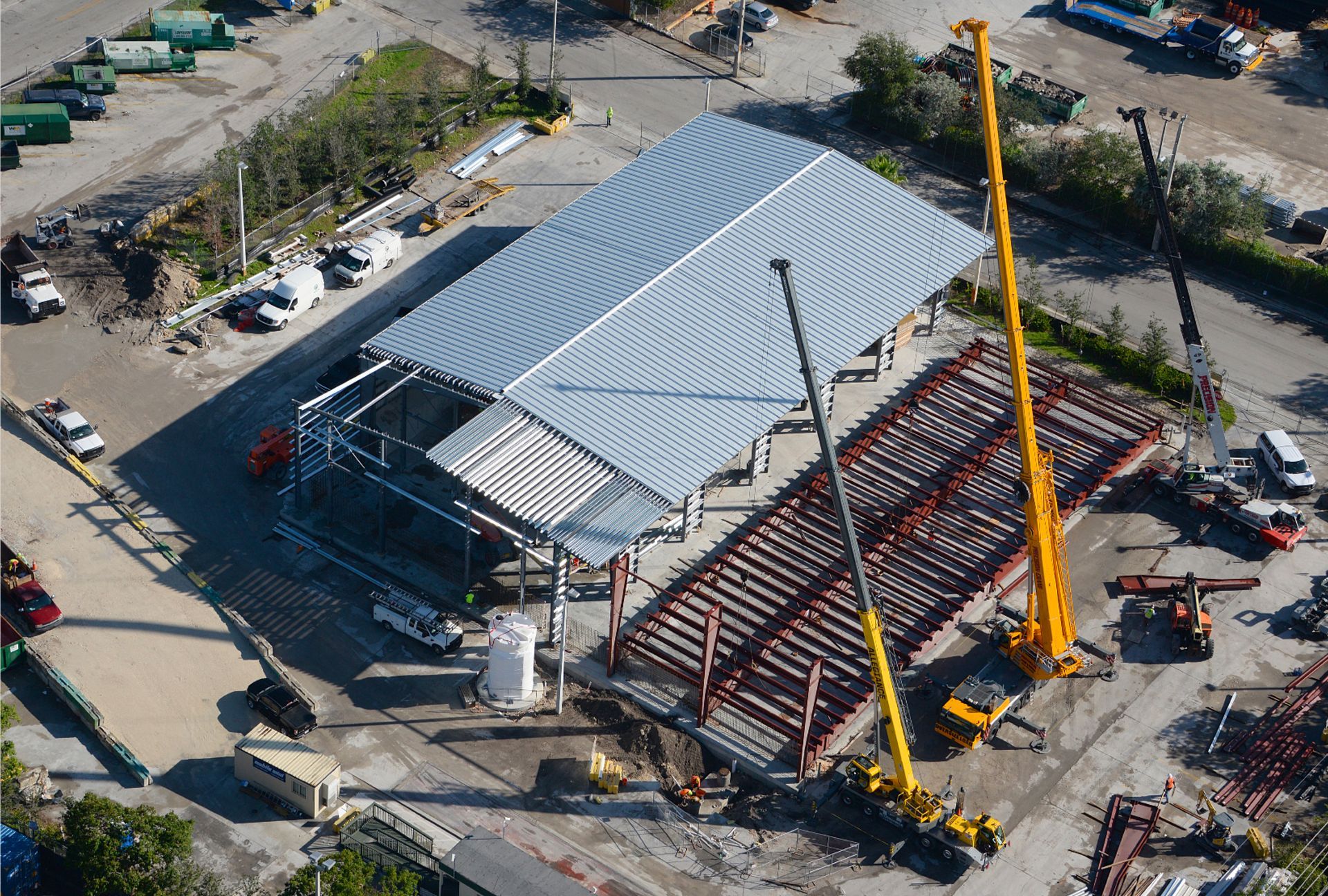 An aerial view of a large building under construction