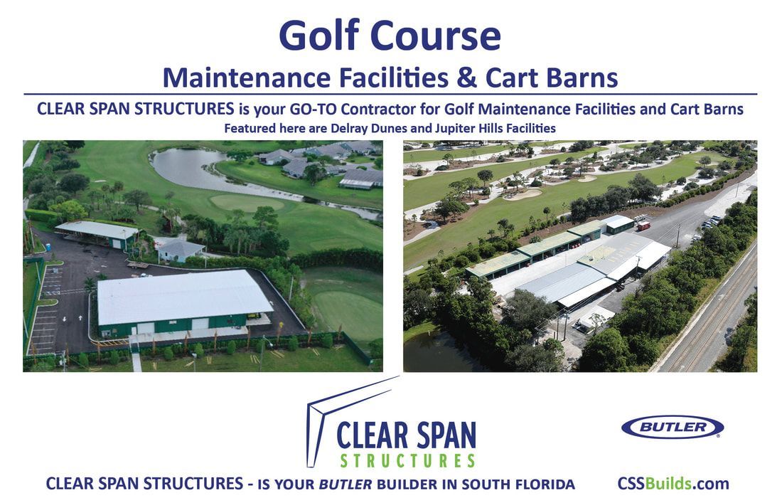 An advertisement for golf course maintenance facilities and cart barns