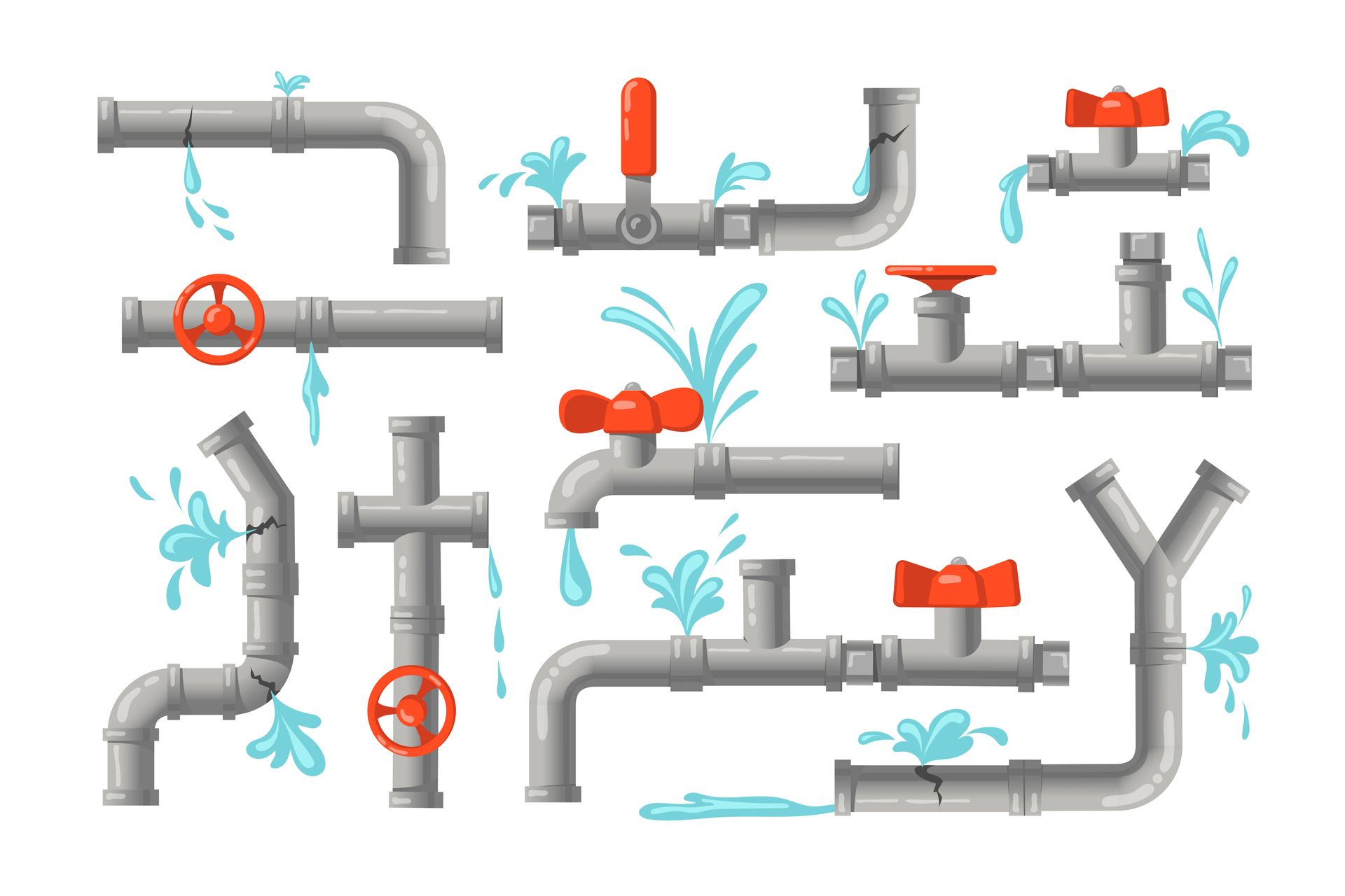 A set of water pipes with faucets and valves on a white background.