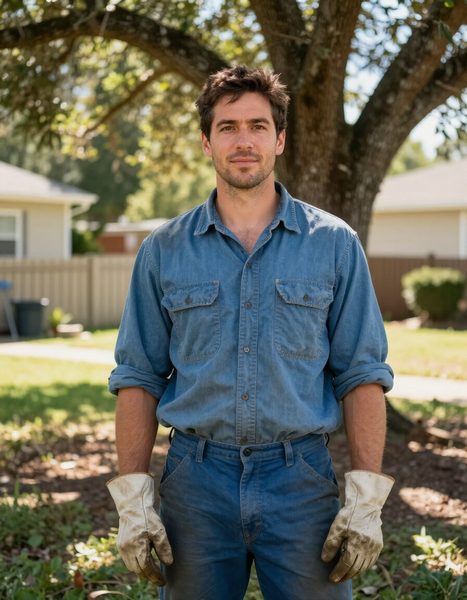 Brandon, founder of IRIE Tree Service, standing beside a large tree in a Tampa yard