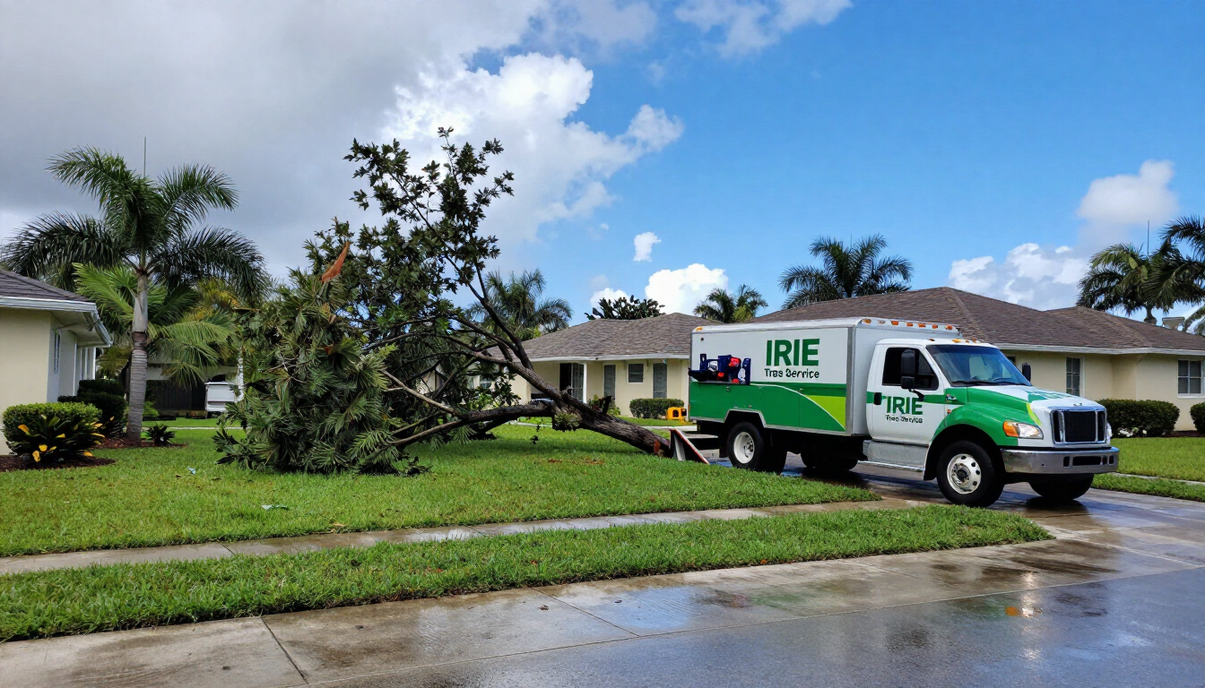 Storm-damaged oak limb down in a Tampa, FL residential yard after severe weather, with an IRIE Tree Service crew truck arriving to begin clean-up.