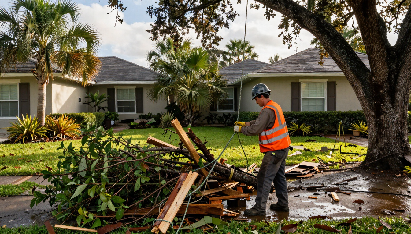 Tampa crew cleaning up storm debris in a residential yard