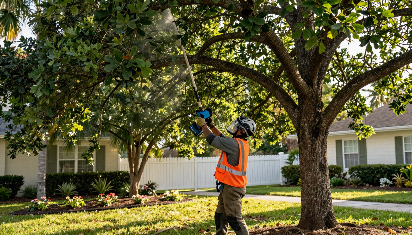 Worker trimming a tree canopy in a Tampa yard