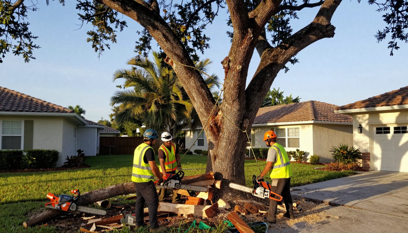 Tree removal crew working on a residential lot in Tampa