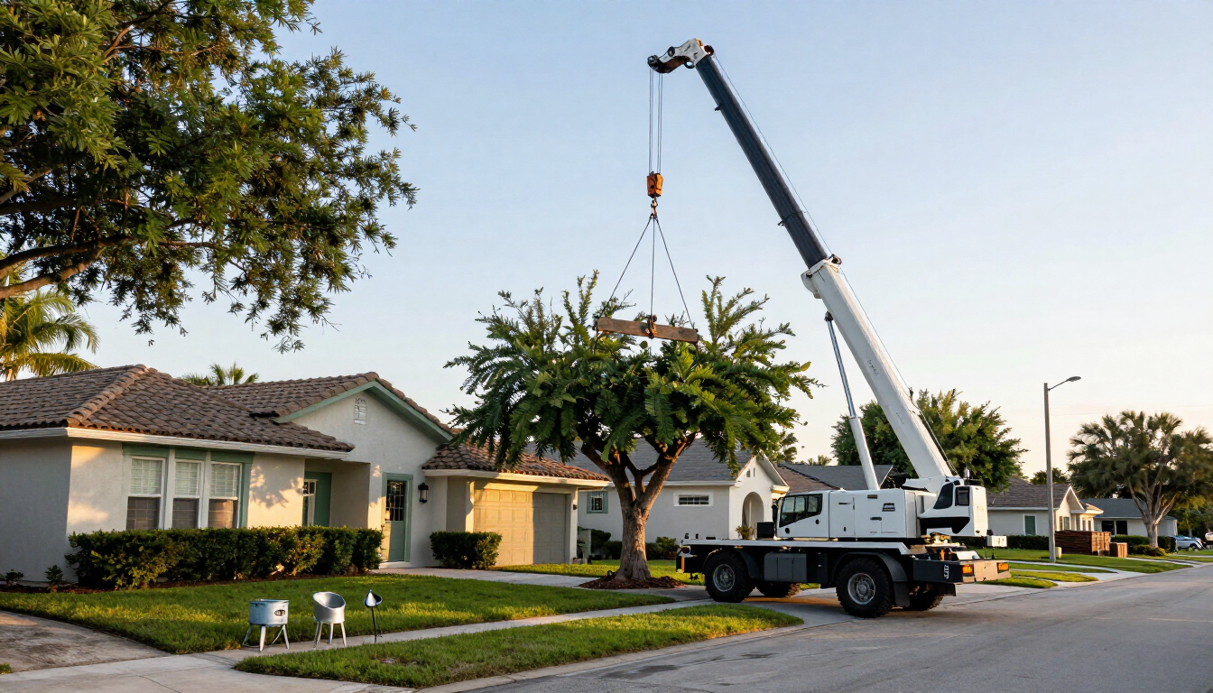 Crane lifting a tree section in a Tampa neighborhood