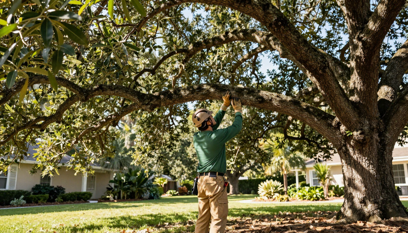 Arborist inspecting a tree canopy in a Tampa backyard