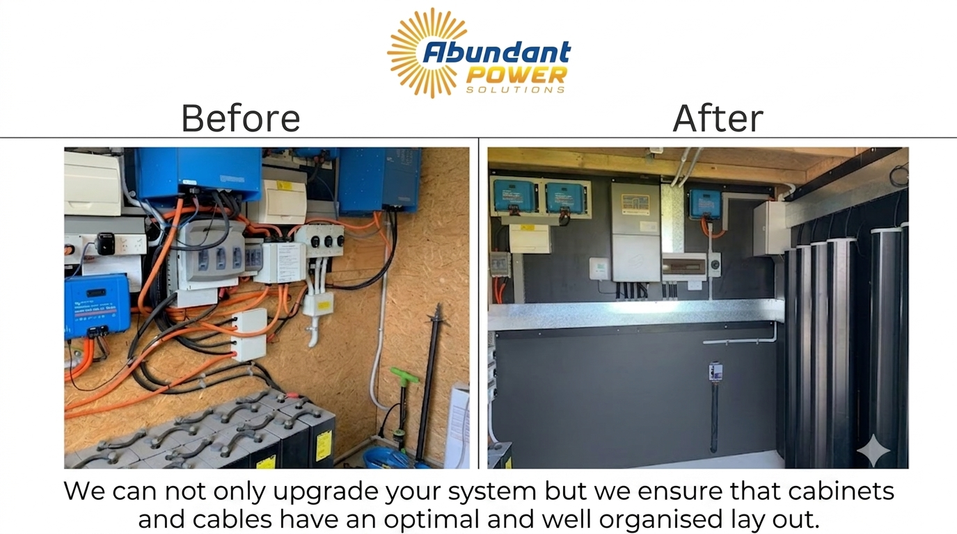 Before-and-after of a messy electrical setup transformed into a neat, organized cabinet installation