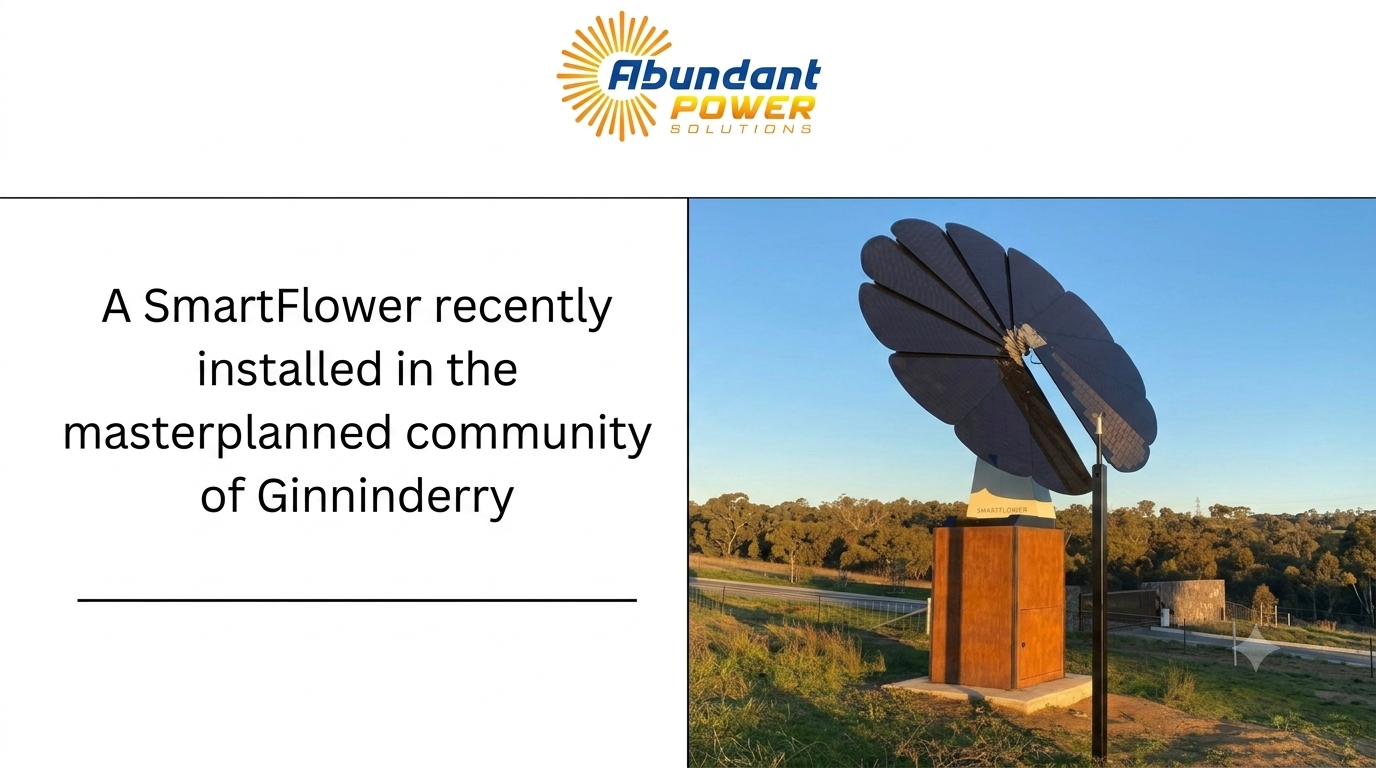 SmartFlower solar installation at a masterplanned community in Ginninderry, with Abundant Power logo and text.