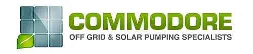 Commodore logo with green text and a green-blue icon, labeled “Off Grid & Solar Pumping Specialists”