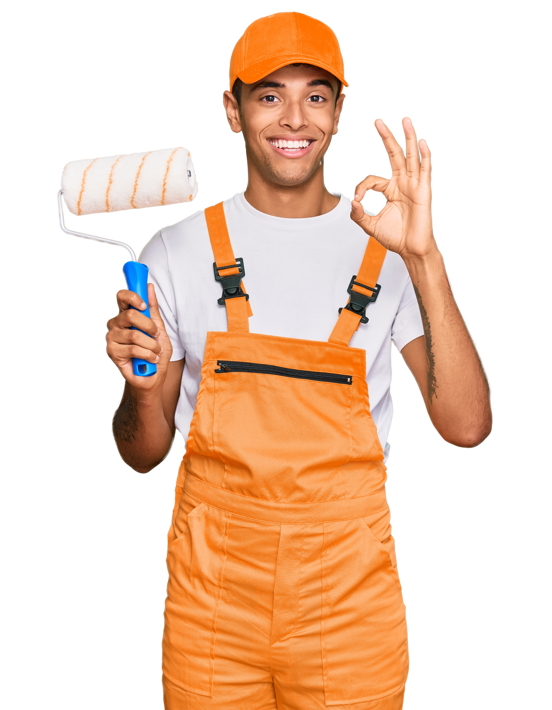 Person in orange overalls and cap holding a paint roller and making an OK hand gesture.