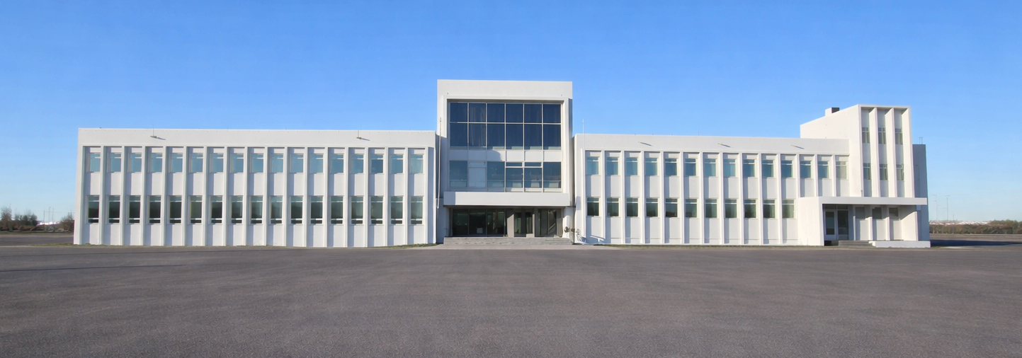 Wide white modern building with many windows, centered on a flat open lot under a clear blue sky