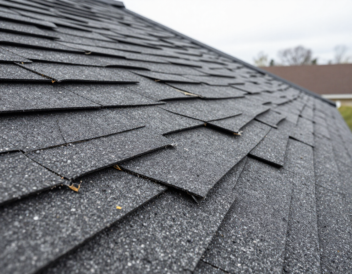 Close-up of gray asphalt shingles on a sloped roof with layered, overlapping tabs