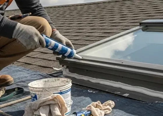 Roof worker applying sealant around a skylight on a shingled roof, with tools and caulking nearby.