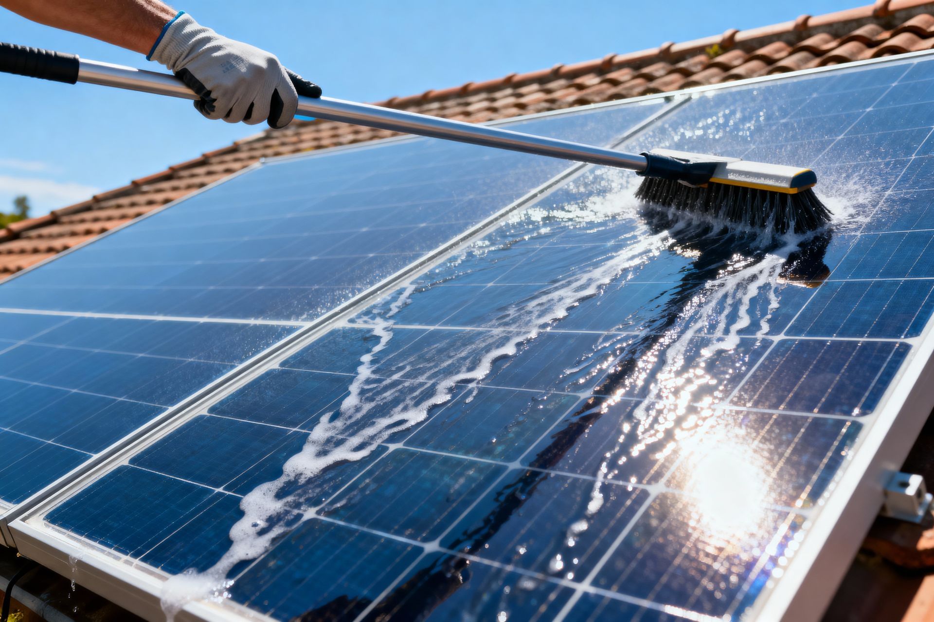 Person cleaning blue solar panels with a brush and water on a tiled roof