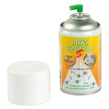 Un tappo bianco accanto a una bomboletta spray insetticida Air Control di colore giallo con ugello verde.