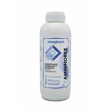 Flacone bianco di detergente all'ammonio New Pham con etichetta blu su sfondo neutro