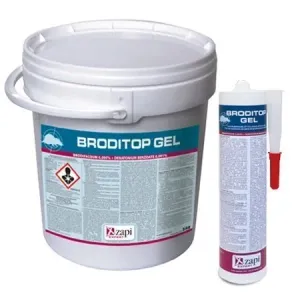 Secchio bianco e tubo di Broditop Gel, prodotto insetticida con ugello applicatore rosso.