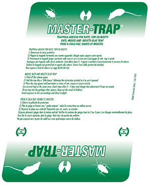 Etichetta del prodotto MASTER-TRAP di colore verde con testo bianco e icone di insetti, mostrata capovolta.