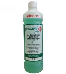 Flacone disinfettante verde con tappo ed etichetta bianchi, mostrato su sfondo bianco.