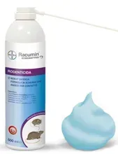 Flacone bianco di rodenticida accanto a un'icona a forma di goccia blu su sfondo bianco.