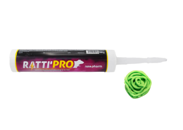 Tubetto bianco di sigillante Ratti Pro con beccuccio e macchia di stucco verde su sfondo bianco.