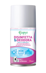 Bomboletta spray igienizzante Cooper Bacter pulisce con tappo rosso ed etichetta blu su sfondo bianco