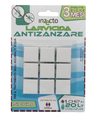 Confezione per le compresse repellenti per zanzare Inzecto, quadratini bianchi su blister blu e bianco.