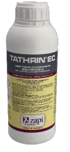 Flacone bianco dell'insetticida Tathrine EC con etichetta gialla e logo Zapi.