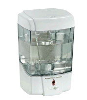 Depuratore d'acqua compatto da appoggio, di colore bianco, con serbatoio dell'acqua e vano filtro trasparenti.