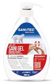 Flacone bianco di gel igienizzante SANITEC con etichetta blu e rossa, 600 ml con dosatore a pompa.