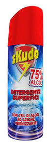 Bomboletta spray di detersivo Skudo con tappo rosso, etichetta blu e grafica a forma di fulmine giallo.