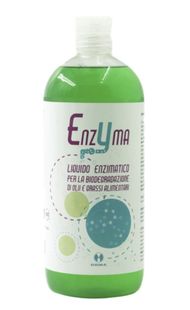 Flacone di detersivo liquido enzimatico per bucato di colore verde con tappo bianco ed etichetta viola.