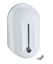 Dispenser di sapone bianco da parete con leva a pompa argentata, mostrato con una piccola staffa di montaggio.