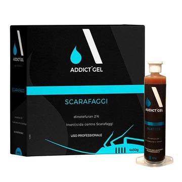 Scatola e flaconcino di Black Addict Gel con etichetta “SCARAFAGGI” e dettagli blu.
