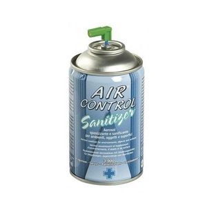 Bomboletta spray deodorante per ambienti blu con ugello spray verde e tappo argentato.
