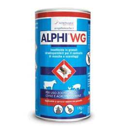 Contenitore per pesticidi ALPHI WG di colore blu con tappo rosso e grafica di un insetto, per uso agricolo e industriale.