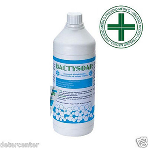 Flacone bianco di detergente BACTYSOAP con etichetta blu e logo medico a forma di croce verde su sfondo bianco.