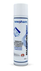 Flacone spray antisettico bianco Newpharm con etichetta e tappo blu.