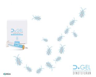 Confezione e tubetto del prodotto per la cura della pelle D.GEL con icone di insetti blu su sfondo bianco.