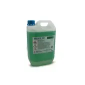 Tanica di detersivo liquido verde con manico e tappo blu su sfondo bianco.